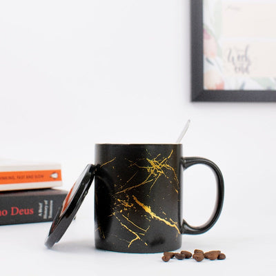 Black & Gold Marble Print Ceramic Mug With Lid Coffee Mugs June Trading   