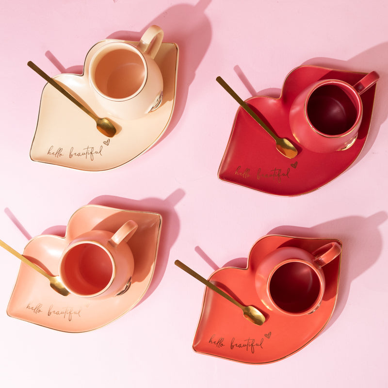 Mesmerizing Lips Tea & Coffee Cup With Tray & Spoon Coffee Mugs June Trading   