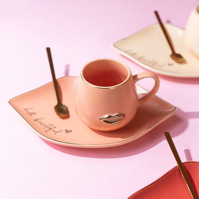Mesmerizing Lips Tea & Coffee Cup With Tray & Spoon Coffee Mugs June Trading Blush Pink  