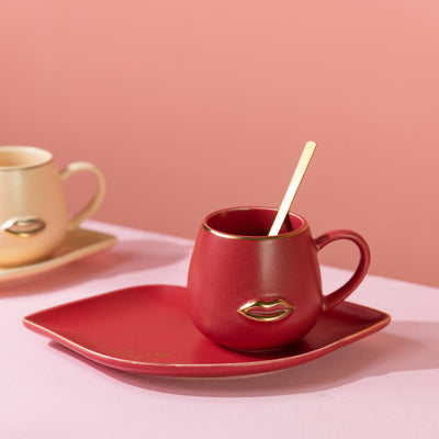 Mesmerizing Lips Tea & Coffee Cup With Tray & Spoon Coffee Mugs June Trading Power Red  