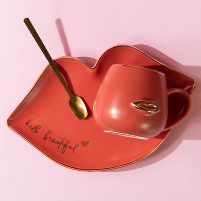 Mesmerizing Lips Tea & Coffee Cup With Tray & Spoon Coffee Mugs June Trading Brick Red  