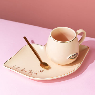 Mesmerizing Lips Tea & Coffee Cup With Tray & Spoon Coffee Mugs June Trading Cream White  