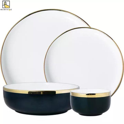 White & Blue Dual-Toned Gold Rimmed Bowl Bowls June Trading   