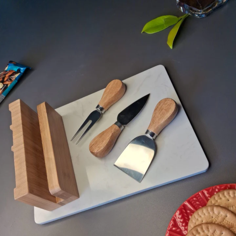 Wooden Cheese Platter Set With Marble Board And Cheese Cutlery Style 3