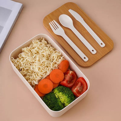 Wheat Straw Lunch Box with Wooden Lid & Cutlery Set Lunch Boxes June Trading   