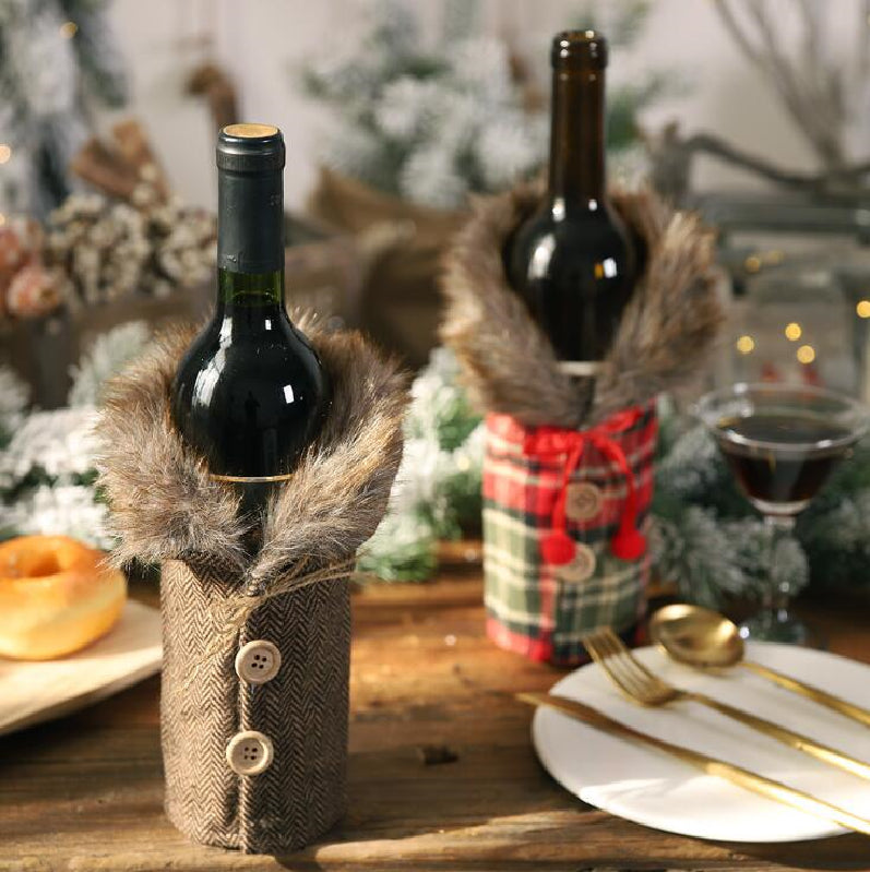 Christmas Fur Wine Bottle Cover - Set Of 2 Party Prop Coral Tree   