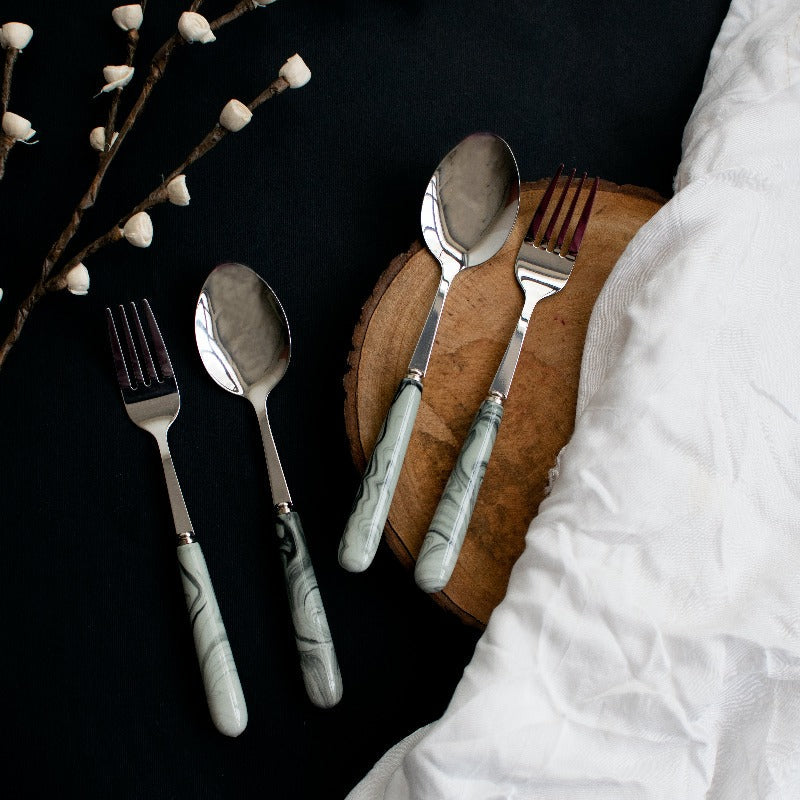Spoon & Fork Set - White & Black Marble Tone Cutlery June Trading   
