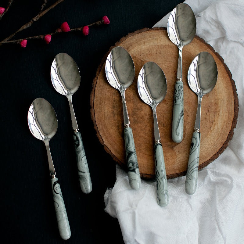 Spoon & Fork Set - White & Black Marble Tone Cutlery June Trading   