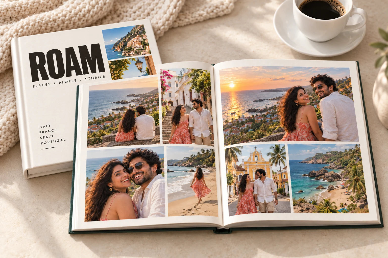 A personalised photo album open to a designed spread
